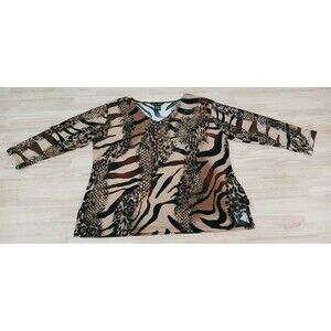 Valentina Women's Animal Print Rhinestones 3/4 Sleeve Top Size Large